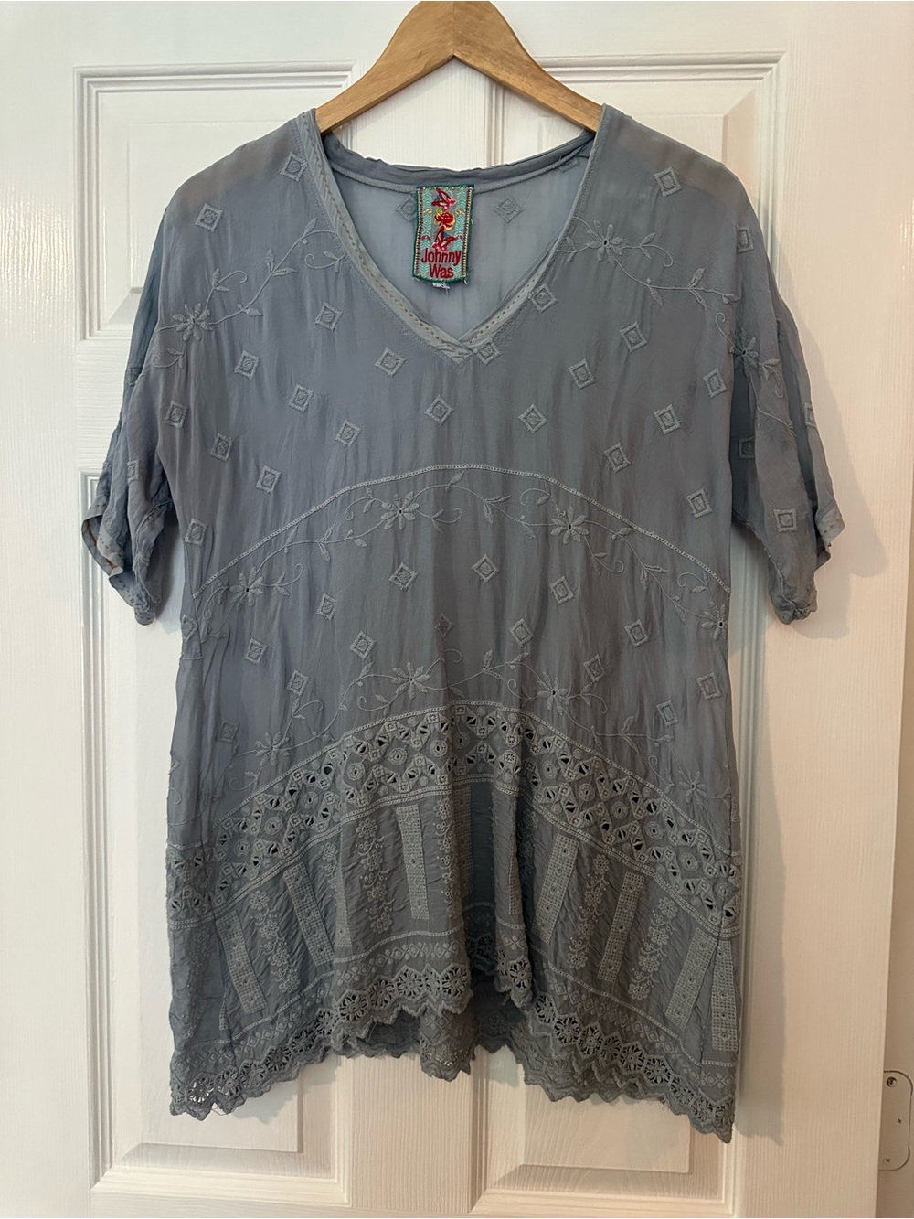 Johnny Was Dusty Blue Embroidered V-Neck Tunic
